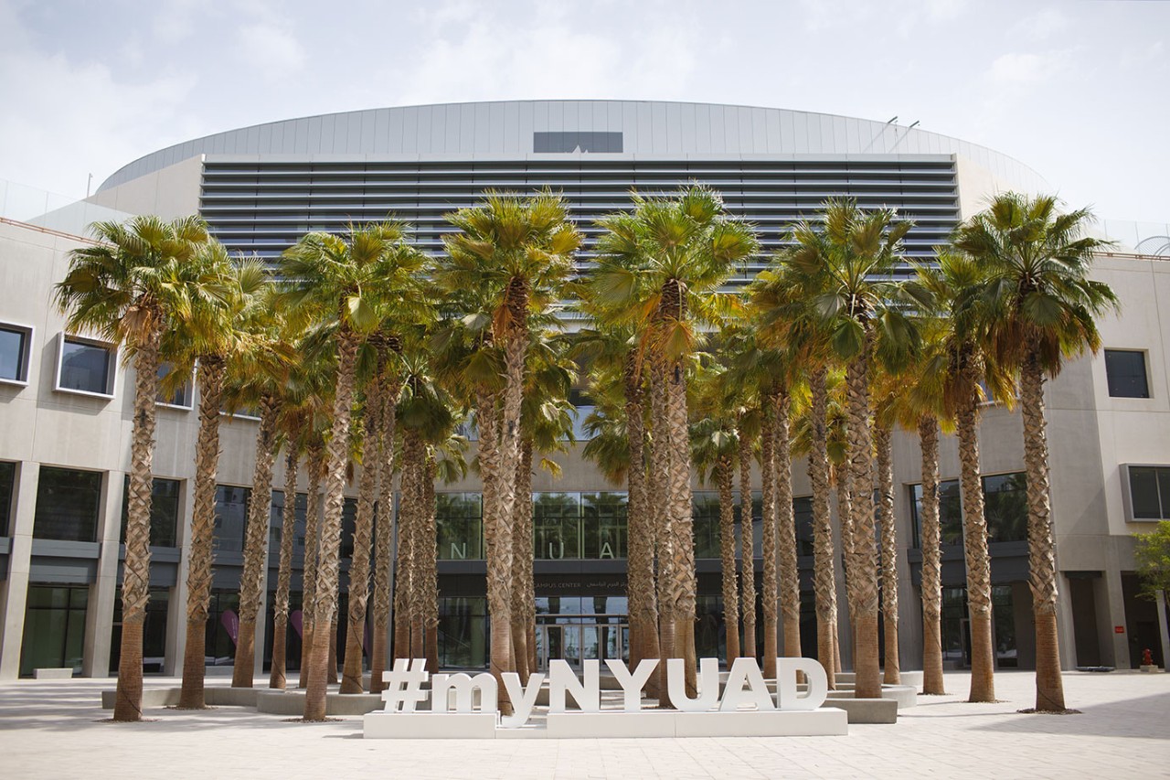 NYU Abu Dhabi campus entrance and palm-lined courtyard