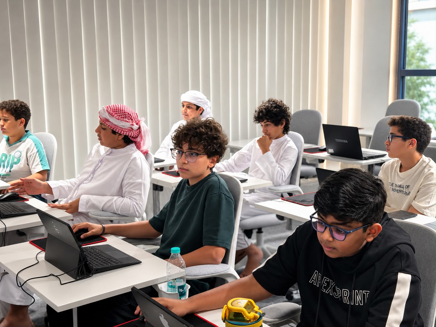 Students working with laptops in a Zeta42 classroom